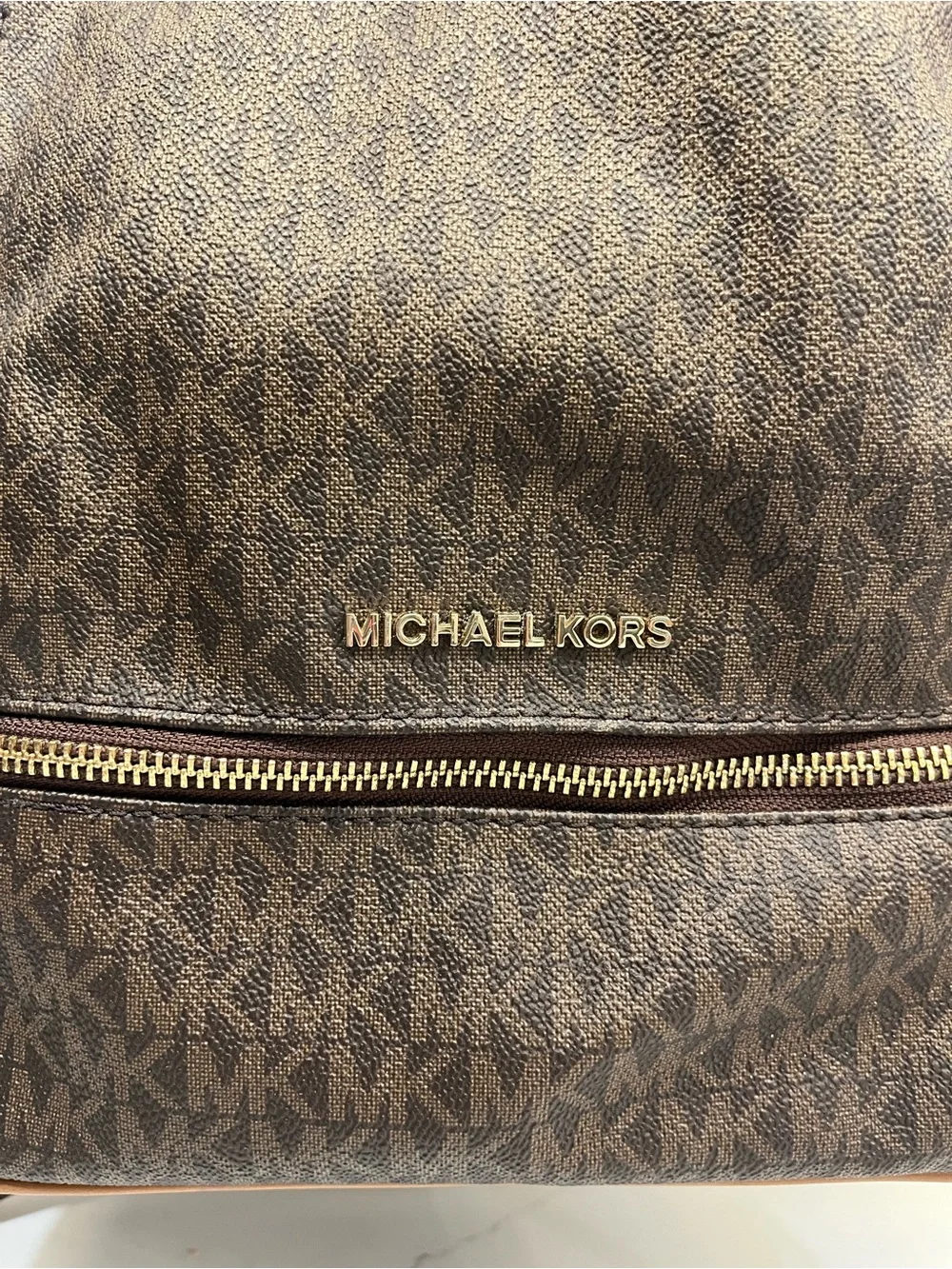 Michael Kors Brown MK Signature Logo Backpack Tan Gold Hardware